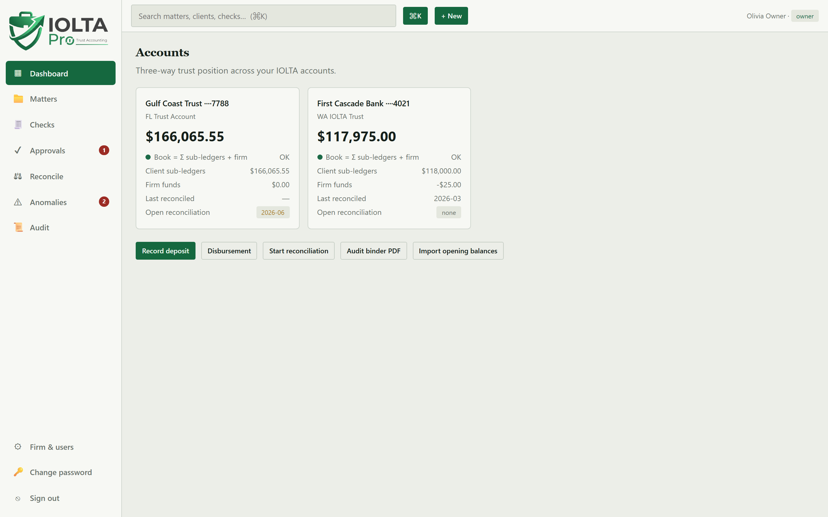 IOLTA Pro dashboard — three-way trust position across IOLTA accounts
